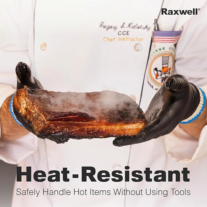 Raxwell BBQ Gloves - Heat Resistant Grilling Gloves - Non-Slip Nitrile Food Handling Gear for Cooking - Large, Black, Includes 6 Cotton Liners