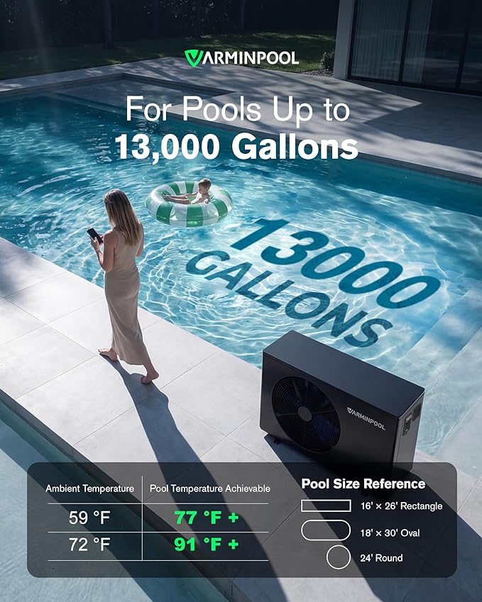 40000BTU Pool Heat Pump for 13,000 Gals In and Above Ground Pool, Pro Flow Electric Pool Heater, Control via APP, Smart Inverter, Titanium Heat Exchanger, 240V