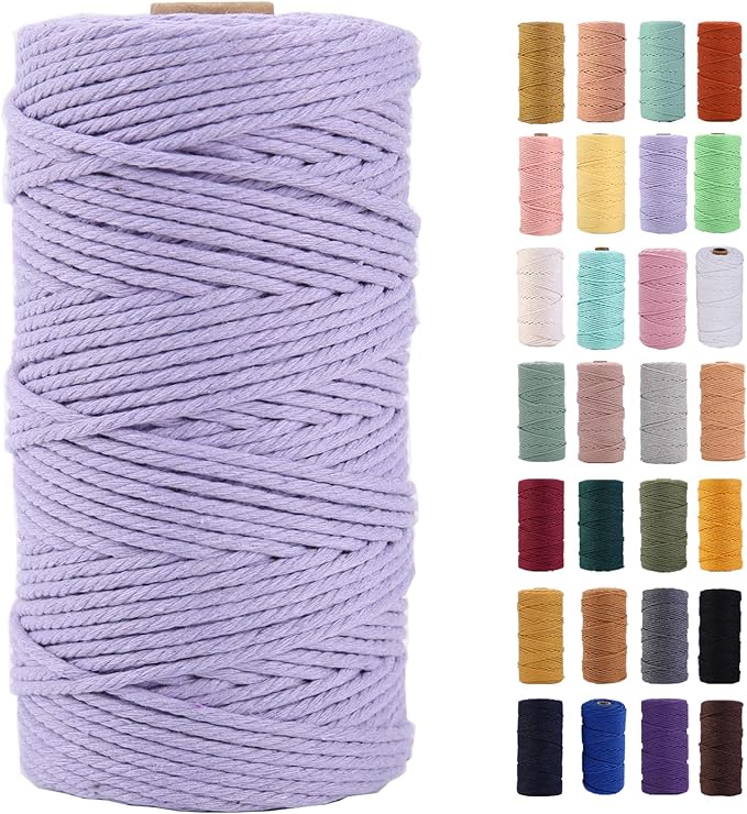 Light Purple Macrame Cord 3mm x 109Yards,Colored Cotton Rope Colorful Cotton Cord Soft Craft Cord Twine for Wall Hanging Plant Hangers Crafts Decorative Projects