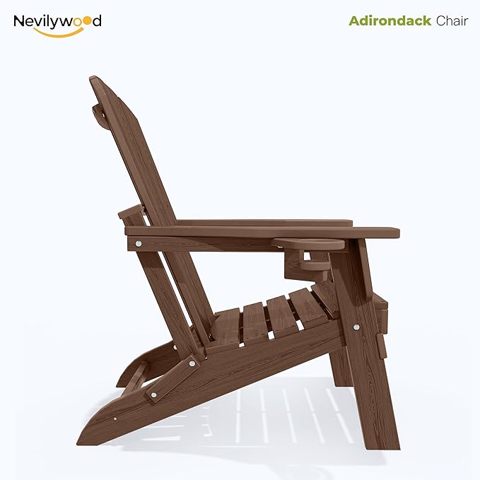 nevilywood Folding Adirondack Chair with Cup Holder, HDPE Patio Chairs, All-Weather Outdoor Chairs for Backyard, Deck, Fire Pit-Coffee
