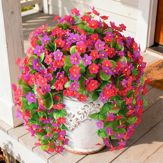 Artificial Fake Hanging Flowers for Outdoors, 2 Pcs Artificial Hanging Plants Outdoors Spring Summer Decor, UV Resistant Faux Violet Silk Flowers for Planters Front Door Yard Garden(Pink Rose Red)