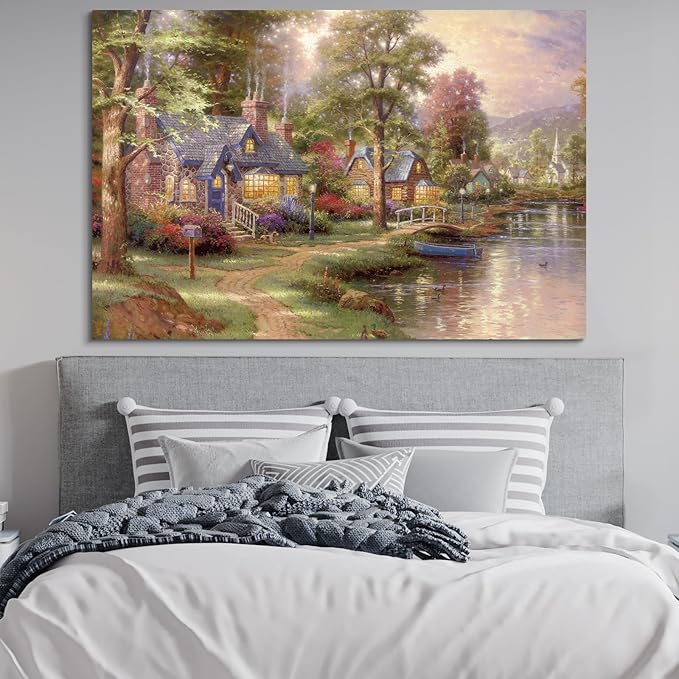 STUDIO HAVEN Thomas Kinkade Canvas Wall Art, River Cottage Stone Homes Wooden Bridge Boat and Ducks Flower-Lined Path Oil Painting Poster Rustic Wall Decor, Framed Prints for Home Decor, 48x32Inch