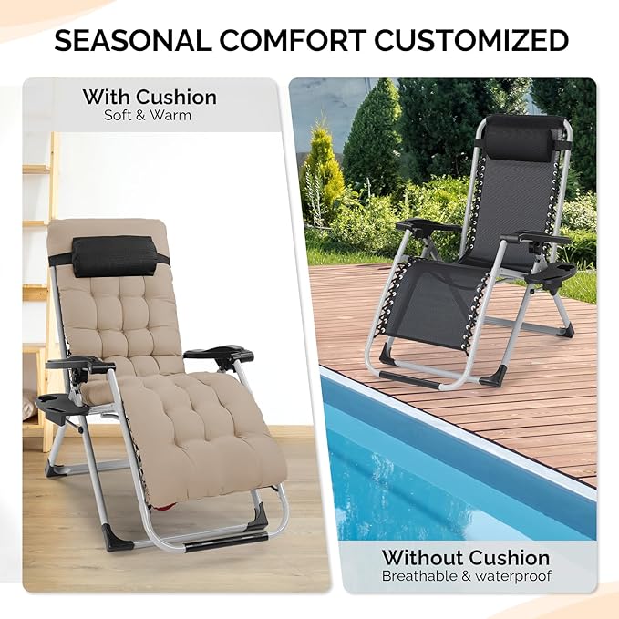 Bonnlo Padded Zero Gravity Chair, Lounge Chair Recliner Chair with Removable Cushion & Tray， Folding Reclining Patio Chairs， Recliner Chair for Lawn，Ptio Indoor and Outdoor