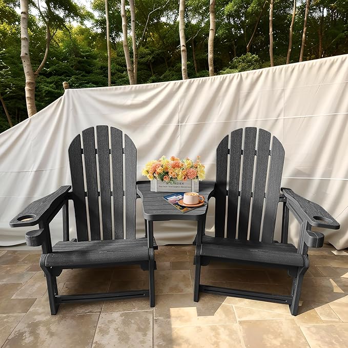 All Weather Plastic Adirondack Chairs, Fire Pit Chairs with Cup Holder, HDPE Outdoor Lawn Chair for Garden, Patio,Porch,Backyard, Black Double Chair
