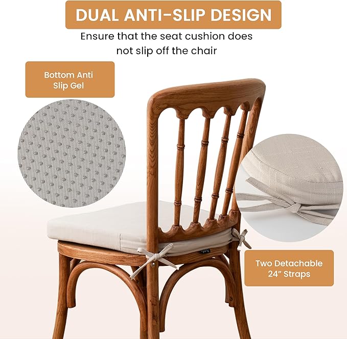 Battilo Chair Cushions for Dining Chairs with Ties, Indoor/Outdoor Kitchen Chair Pad with Non-Slip Backing, Dining Seat Cushion with Machine Washable Removable Cover, 16"x16"x2", Set of 2, Beige