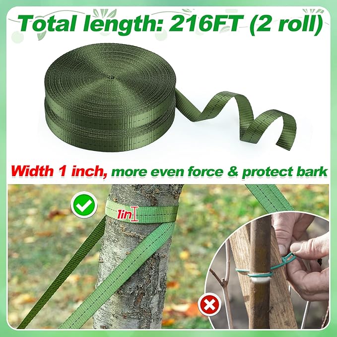 2,425 Lbs Strength Tree Straps - 216FT Tree Tie Support Straps for Staking, Green Blend in with Landscaping for Guying Young Trees Straight and Storm Protection, for Outdoor Plants, 1" Wide