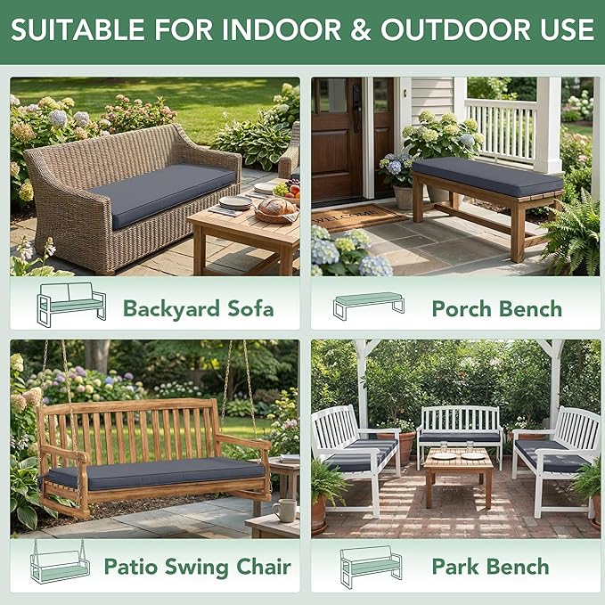 Outdoor Bench Cushion: Waterproof and Fade Resistant Patio Furniture Cushions - Non-Slip Bench Pad Cushion with Removable Cover for Garden Swing Porch Sofa Settee, 45 x 18 Inch, Dark Grey