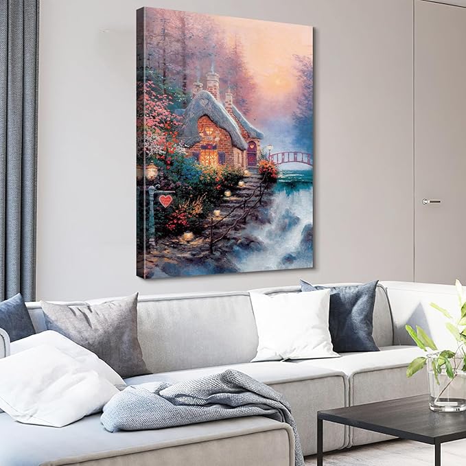 STUDIO HAVEN Thomas Kinkade Canvas Wall Art, Red Bridge Glowing Windows Lush Floral Gardens Oil Painting Fairytale Poster Enchanted Sunset Wall Decor, Framed Prints for Home Decor, 16x24Inch