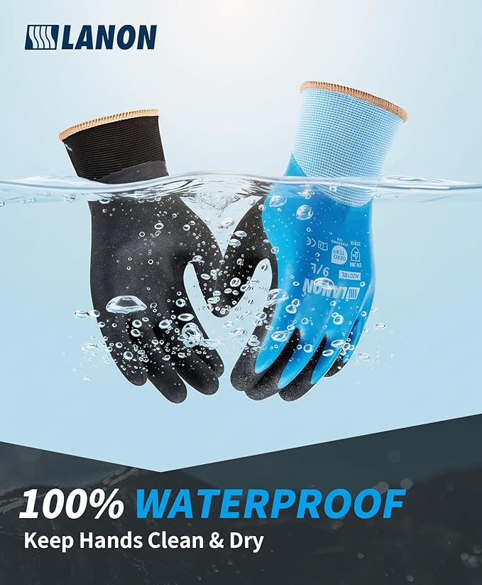 LANON 2 Pairs Waterproof Work Gloves for Men and Women,Double Rubber Coated for Gardening, Outdoor Construction,Car & Fish Cleaning, Non-Slip Grip, Elastic Cuff, Blue&Black,XL