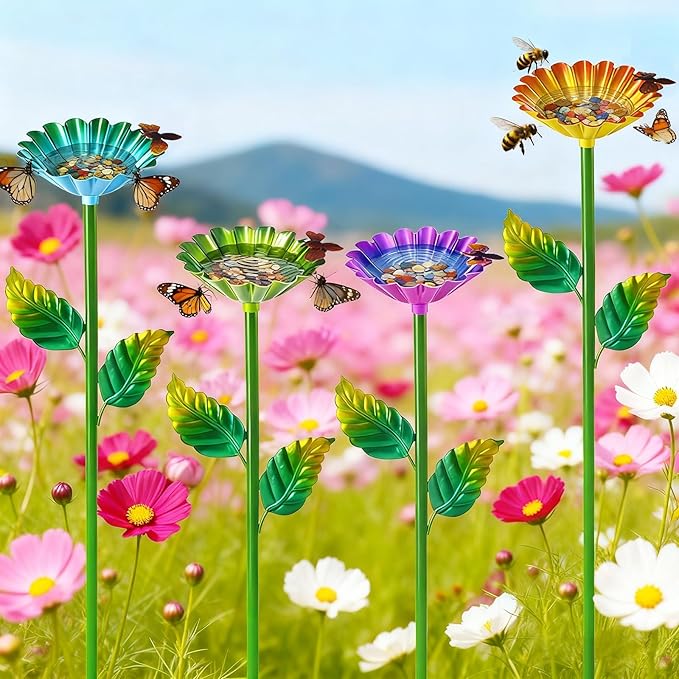 4 Pack Bee Watering Station, Metal Bee Water Station with Flower Design Colorful Butterfly Bath Bowl Drinking Feeder Cups for Outdoor Garden Yard Decor (Purple,Green,Blue,Yellow)