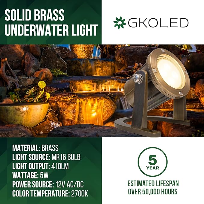 GKOLED Solid Brass Underwater Light, Low Voltage LED Pond Lights, Submersible Fountain Lighting with 5W 2700K 410LM MR16 Bulb, 9-15V AC/DC Outdoor Landscape Waterfall Light, IP68 Rated Pool Spotlights