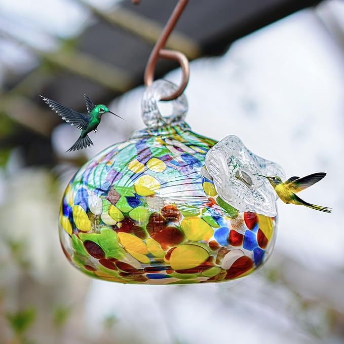Blown Glass Hummingbird Feeder for Outdoors Hanging Ornaments with Hook Unique Humming Bird Feeder for Home Window Garden Decoration