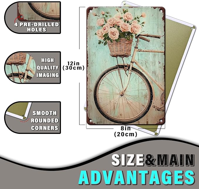 Bike Vintage Tin Sign Bike with Flower Red Rose Funny Tin Sign Summer Wall Decor Farmhouse Decor for Home Cafes Office Store Pubs Club Sign Plaque Metal Tin Sign 12x16inch
