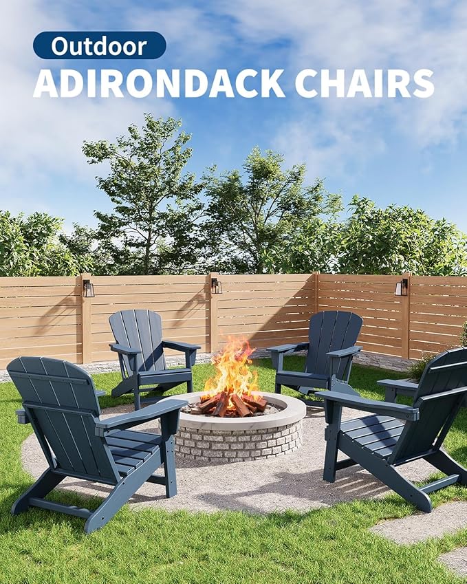 Modern HDPE Plastic Adirondack Chair - Oversize 380 LB Poly Lumber Weather Resistant Firepit Chair - Outdoor Patio Chairs with Wooden Textured for Garden, Backyard, Lawn, Deck, Pool, Porch - Navy Blue