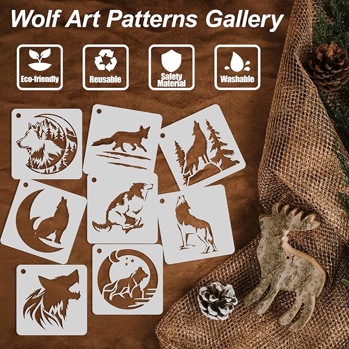 Wolf Stencils for Painting, 56PCS 3" Plastic Stencils for Crafts Reusable, Wildlife & Forest Scene Patterns, for Canvas Art, Wood Signs, Journal, Fabric Painting, Wall Decor & DIY Gift Projects