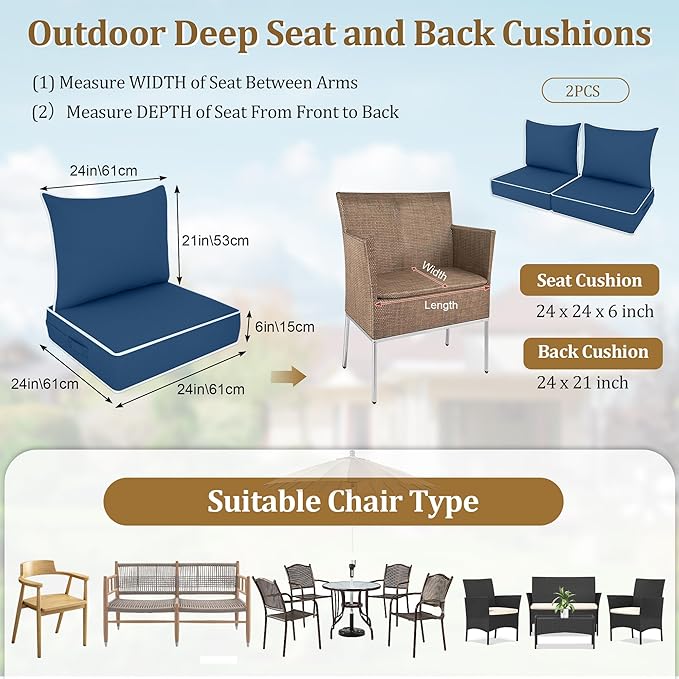 Outdoor Deep Seat Cushion Set, Fade Resistant Patio Chair Cushions, 24x24x6 Inch Patio Sofa Furniture Pad with Removable Cushion Covers (Navy Blue+White Side, 24''Lx24''Wx6''H-1pcs Set)