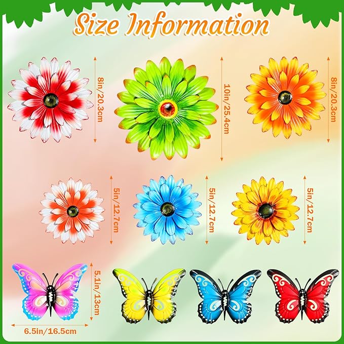 Gisafai 10 Pack Metal Flowers Wall Art Decor Outdoor, 3D 6 Pcs Daisy Flowers 4 Pcs Butterfly Metal Wall Art Fence Hanging for Fence, Patio, Garden, Backyard, Lawn, Balcony(Vintage)
