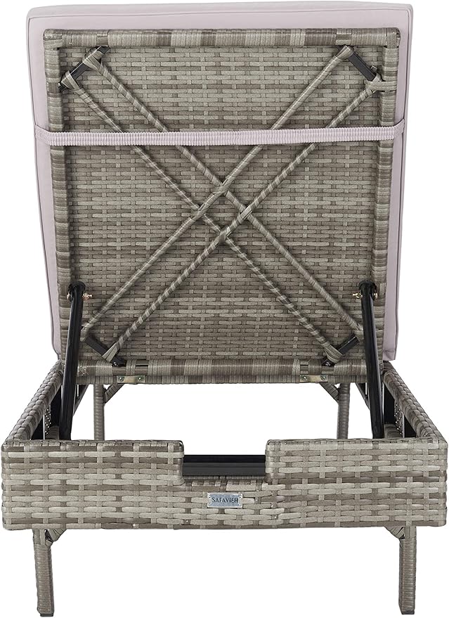 SAFAVIEH Outdoor Collection Cam Grey Wicker/Grey Cushion Adjustable Chaise Lounge Chair, Black/Beige (PAT7501B)