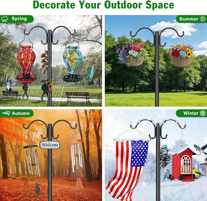 Heavy Duty Double Shepherd Hooks for Outdoor 1-in Dia with 5-Prong Base, 88inch Adjustable Decorative Metal Bird Feeder Pole for Hanging Bird Nest, Plant Basket,Lantern,Solar Light 2 Pack