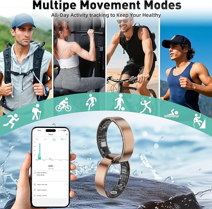 Smart Ring with Sleep Monitoring, Step Counting, Heart Rate, Blood Oxygen for iOS and Android, No Subscription Fee, IP68 Waterproof Health Tracker (Rose Gold, 11)