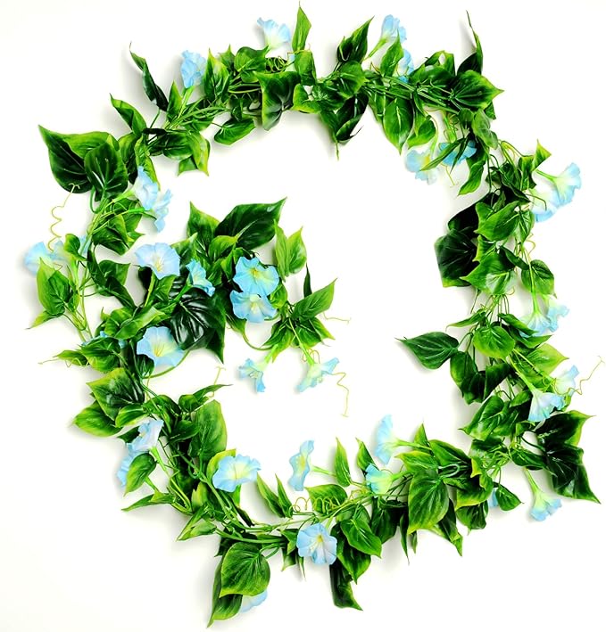 AirSun Artificial Morning Glory Flower Vines, 2pcs 15Feet Hanging Plants Silk Garland Fake Green Plant Home Garden Wall Fence Indoor Outdoor Wedding Birthday Decor