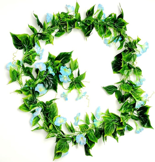 AirSun Artificial Morning Glory Flower Vines, 2pcs 15Feet Hanging Plants Silk Garland Fake Green Plant Home Garden Wall Fence Indoor Outdoor Wedding Birthday Decor