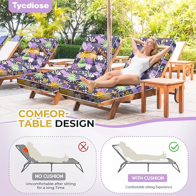 Outdoor Chaise Lounge Chair Cushion, Waterproof Non-Slip Patio Chaise Lounge Cushions for Outdoor Furniture, Thickened Pool Lounger Chair Cushion, 76.4 x 22.8 x 4.7 Inches, Purple Floral Leaf