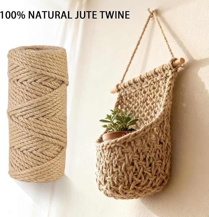 Natural Jute Twine 5mm 100 Feet Crafting Twine String for Crafts Gift, Craft Projects, Wrapping, Bundling, Packing, Gardening and More, Jute Rope to Use Around The House and Garden