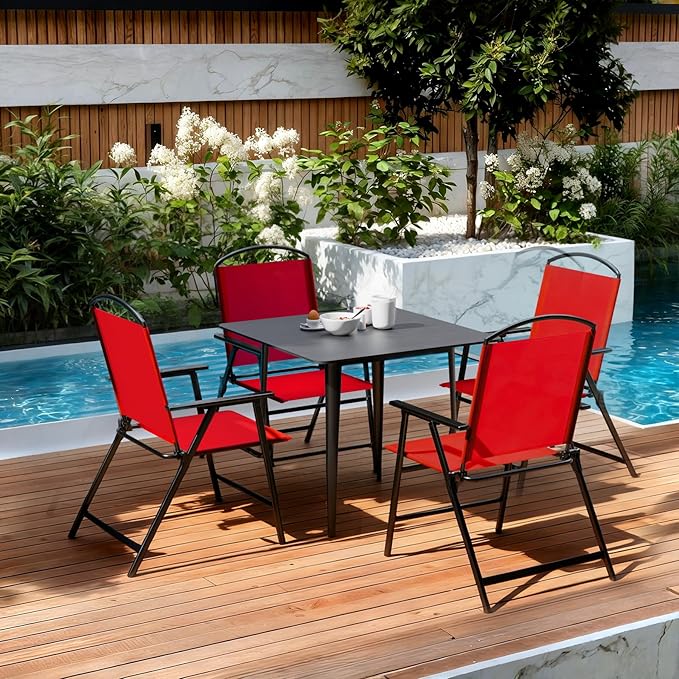 Outdoor Folding Patio Dining Chairs Set of 2 With Armrest Heavy-Duty Lightweight Protable Foldable Patio Sling Chair for Garden Lawn Poolside Backyard Deck Bistro Balcony Sillas Furnitures(2, red)