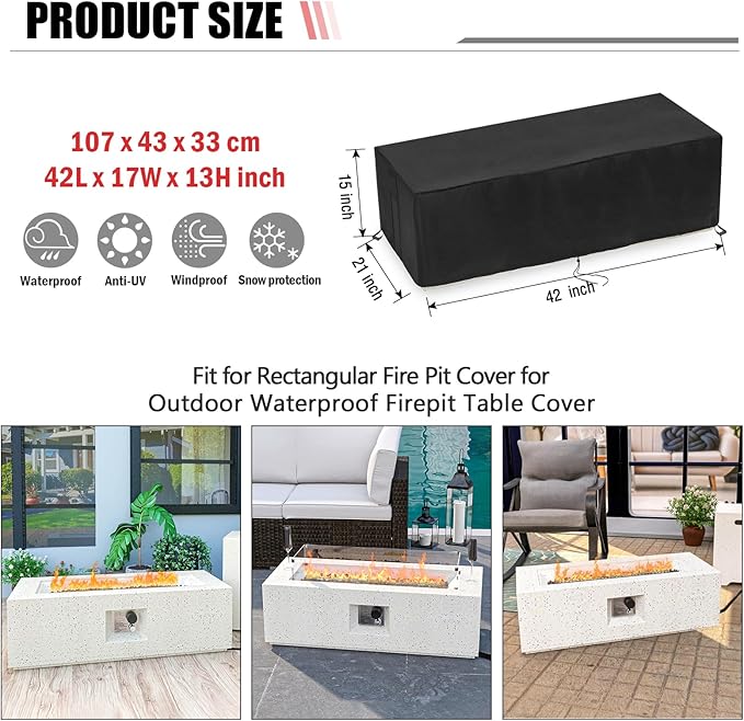 Fire Pit Cover Rectangular 42 Inch,Propane Gas Fire Pit Table Cover,Outdoor Waterproof Firepit Table Cover - 42 x 17 x 13 Inch