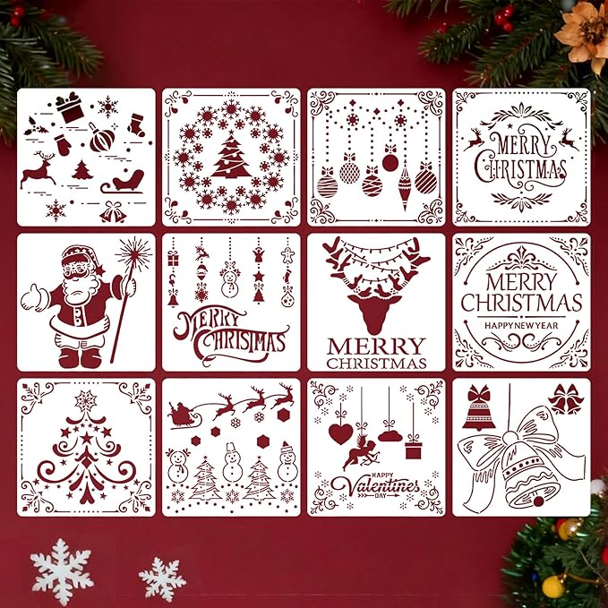 12Pc Christmas Stencils for Painting On Wood, Christmas Stencils for Crafts Reusable, Xmas Decorations Drawing DIY Art Craft Home Decor Wall, Windows, Deer Snowflakes Pinecones Decor(Christmas B)