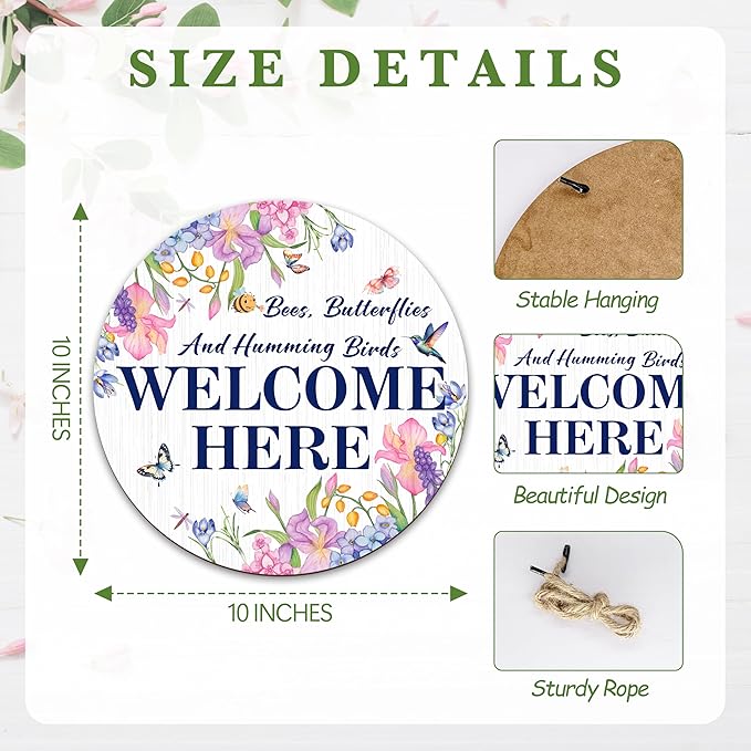 Spring Hanging Decor For Front Door, Outside Hummingbird Round Sign Decor For Farmhouse Home Yard Porch, Hello Spring Decorations, Welcome Spring Wall Plaque Gifts For Friends Family -10