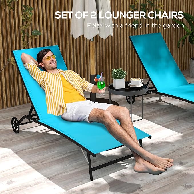 Outsunny Chaise Lounge Outdoor, 2 Piece Lounge Chair with Wheels, Tanning Chair with 5 Adjustable Positions for Patio, Beach, Yard, Pool, Blue