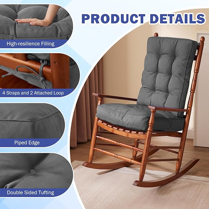 Rocking Chair Cushion, Waterproof and Fade-Resistant Patio Chair Cushions, Tufted Chair Pads for Rocker Furniture, 17x17 Inch, Indoor/Outdoor Seat Cushions with Ties, Dark Grey
