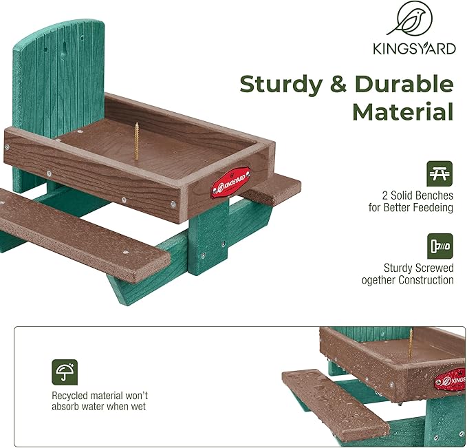 Kingsyard Squirrel Feeder Table for Outside, Recycled Plastic Squirrel & Chipmunk Picnic Table Feeder with Corn Cob Holder, 2 x Solid Structure Benches, Easy to Clean (Green)