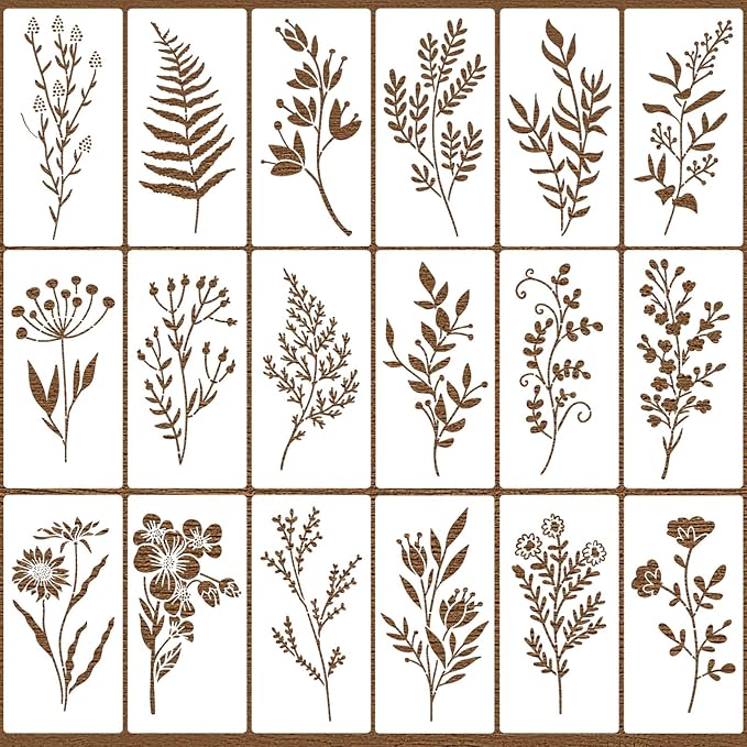 18 Pcs Plant Leaves Stencils for Painting, Flower Craft Stencil Reusable Plastic DIY Art Scrapbook Set, Drawing Templates Tropical Stencils for Paint on Canvas Wood Wall Rock Home Decor