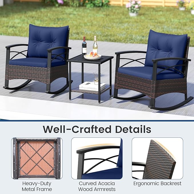 Tangkula 3 Piece Rattan Rocking Chair Set, Patio Rocker Bistro Set w/Acacia Wood Tabletop & Armrests, 2 Outdoor Cushioned Armchairs w/Double-Tier Side Table for Porch, Balcony, Backyard