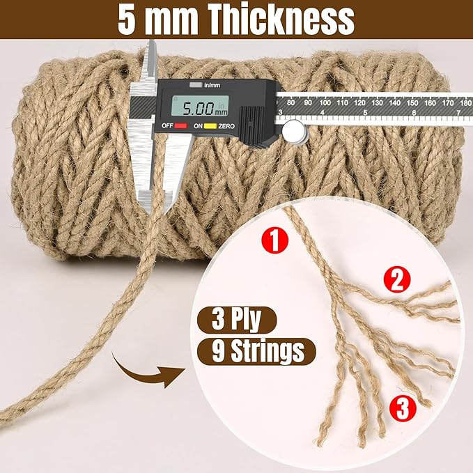 Jute Twine 5mm 230 Feet Thick Natural Jute Twine String for Heavy Duty Gardening, Bundling, Cat Scratching Post, DIY Crafts(2Rolls, 115Feet/Roll)