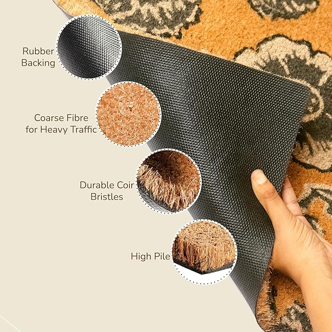 Coir Door Mat, Floral Print Entryway Floor Mats with Non-Slip PVC Backing, Indoor Outdoor Mat for Front Door Decor, Door Mat, Welcome Mats with Chelsea Flower Print, Gray, 30”x 17”