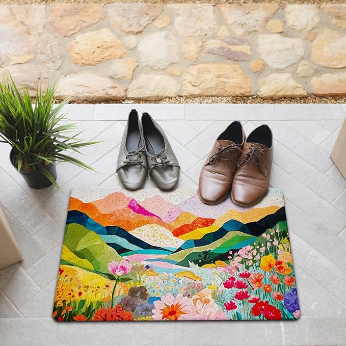 JINYO Abstract Boho Door Mat, Watercolor Boho Mountain Wildflowers Floral Door Mats for Front Door Porch Outdoor Indoor Entrance Entryway, Colorful Floral Bath Mat for Bathroom, 17x30 Inch