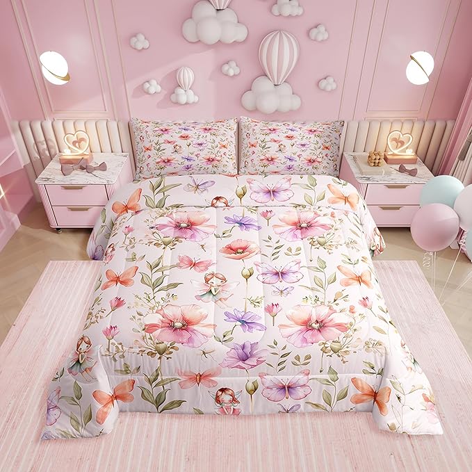 Erosebridal Fairy & Floral Twin Comforter Set - Butterfly Flower Bedding Sets for Girls Kids, Pink Purple Flowers Garden Bed Set | Whimsical Fairies Room Decor with 1 Pillowcase