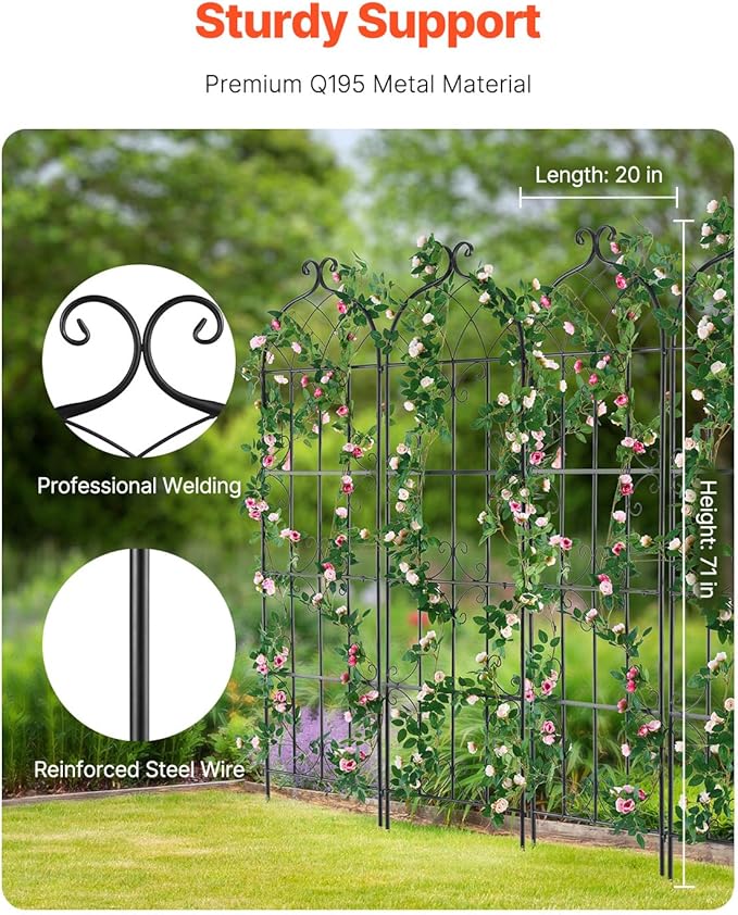 VEVOR Garden Trellis for Climbing Plants, 71 x 20 in, 6 Packs Rustproof Metal Garden Flower Trellis, Outdoor Climbing Rose Clematis Cucumbers Trellis Decorative for Courtyards Lawns