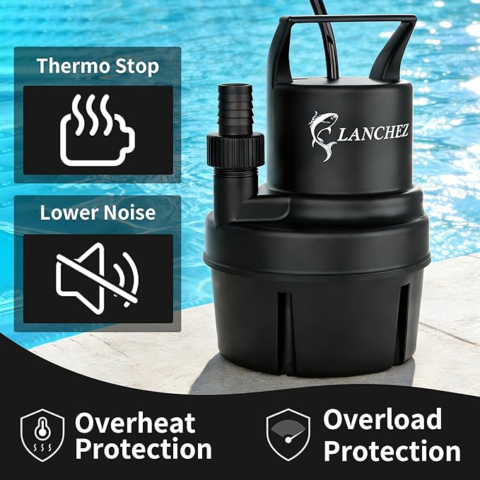 Lanchez Sump Pump, 1250 GPH Submersible Water Pump, 1/4 HP Portable Thermoplastic Low Suction Utility Pump With 25 Ft Cord for Swimming Pool, Basement, Garden Pond, Tubs Draining, Manual