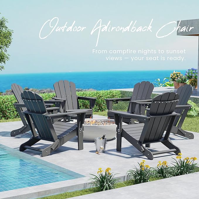 Domi Folding Adirondack Chairs Set of 8, HDPE All-Weather Outdoor Chairs with Cup Holder, Wooden Textured Fire Pit Chairs for Backyard, Patio, Poolside & Deck,Grey