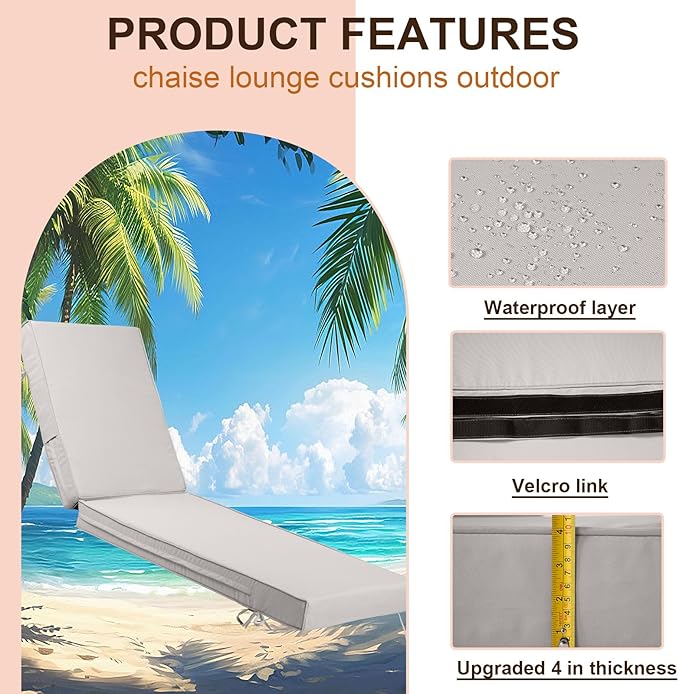 Outdoor Chaise Lounge Cushion, 4 Inch Thick Waterproof Fade Resistant Patio Furniture Lounger Chair Cushion Pad for Pool (1, Off-White, 72'' L x 21'' W x 4" T)