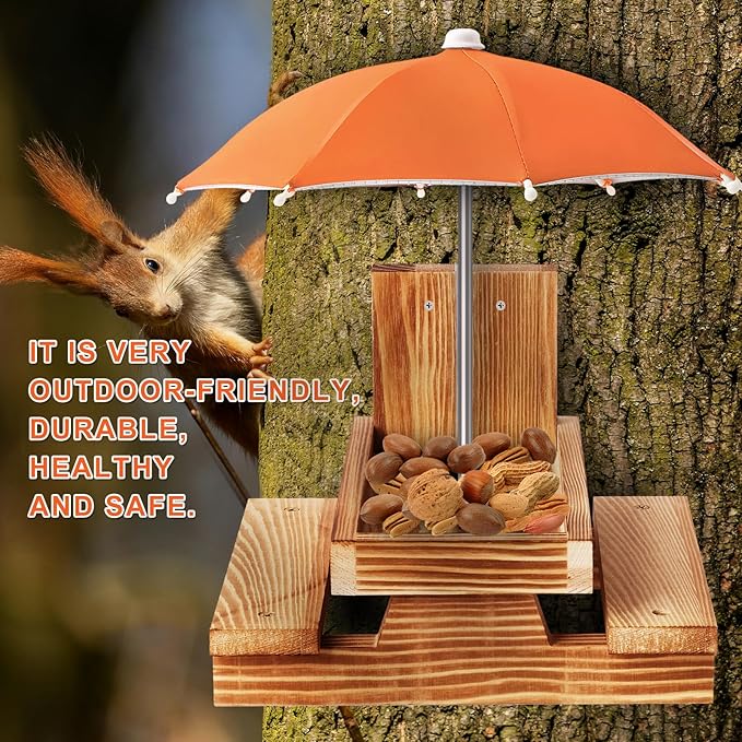 Gnodary Squirrel Feeder with Umbrella, Squirrel Feeders for Outside, Squirrel Picnic Table Feeder - Chipmunk Feeder Hold Corn, Corn Cob, Peanuts Style2 (Orange)