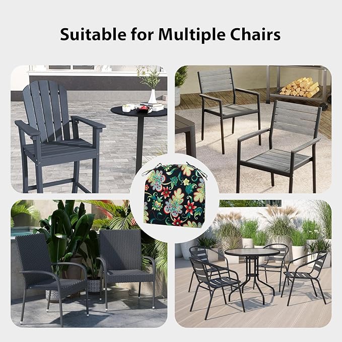Outdoor Chair Cushions Set of 4, 17x16x2 Inch, Patio Furniture Cushions, Water Resistant, Non-Slip, Black Floral