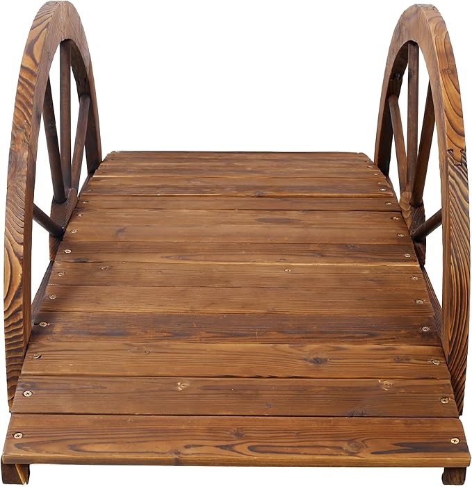 3.3 FT Wooden Garden Bridge - Stained Wood Arc Footbridge with Half-Wheel Style Railings | Outdoor Fir Construction Decorative Bridge Walkway for Backyard, Gravel Road, Creek, Farm