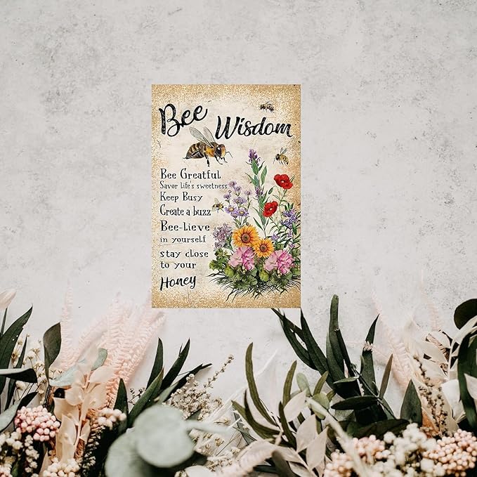 Funny Flowers Metal Poster, Country Rustic Tin Sign, Sunflowers Bee Wisdom, Yard Garage Farm Outside Garden Wall Decor Plaque Outdoor for Home Fence 8 X 12 Inch