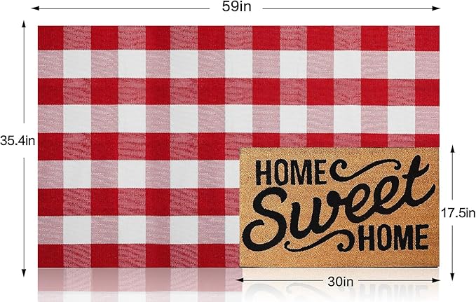 MUBIN Cotton Red White Plaid Plaid Rug, 3'x5' Outdoor Front Door Decor Mat, Hand-Woven Reversible Foldable Rug for Layered Door Mats Washable Carpet for Front Porch, Entryway, Farmhouse